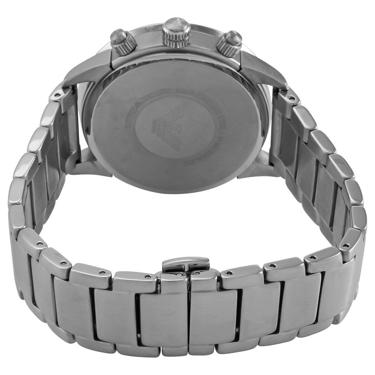 Caseback view of Emporio Armani Mario chronograph watch showing stainless steel case back and bracelet