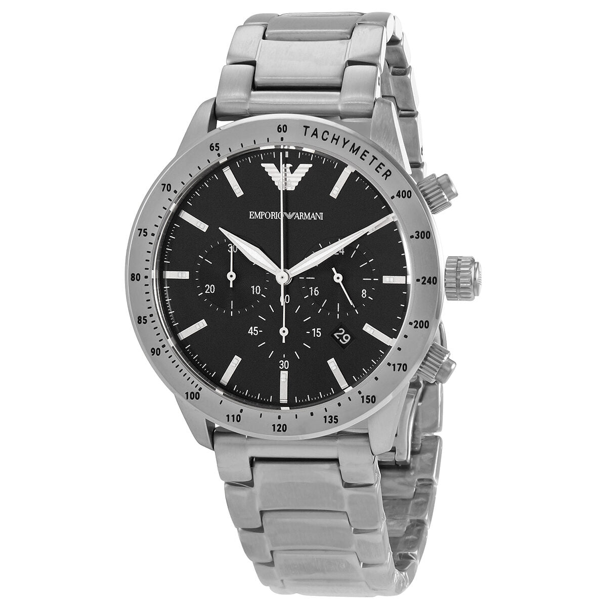 Emporio Armani Mario chronograph watch with black dial and silver-tone stainless steel bracelet