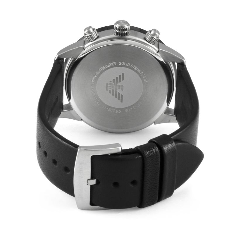 Caseback of Emporio Armani Mario chronograph watch with eagle logo