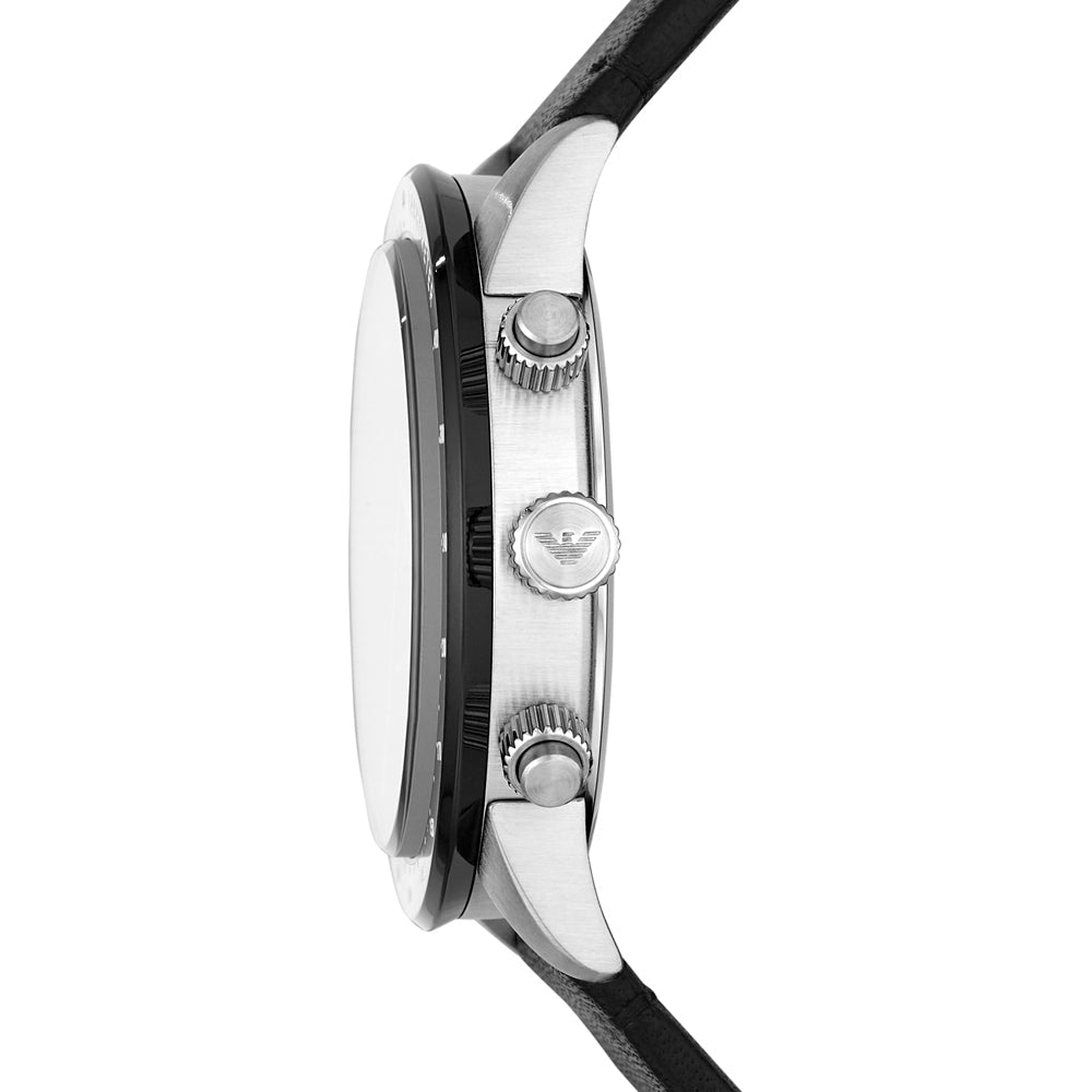 Side view of Emporio Armani Mario chronograph watch showing case thickness and black leather strap