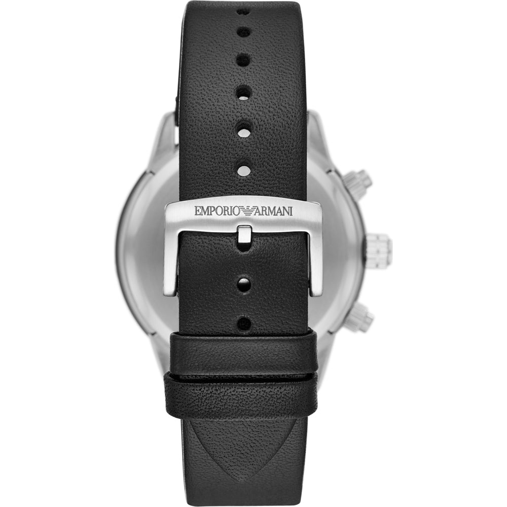 Emporio Armani Mario watch showing black leather strap with buckle and case back