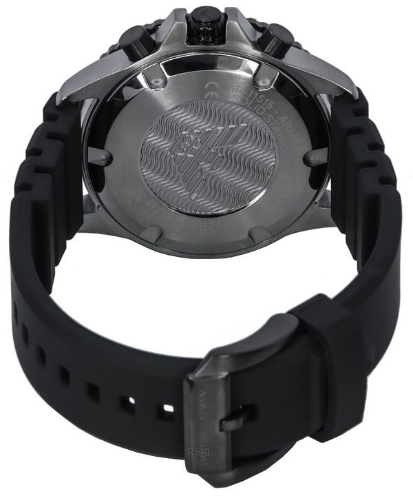Rear view of Emporio Armani Mario chronograph case back with textured design and black strap
