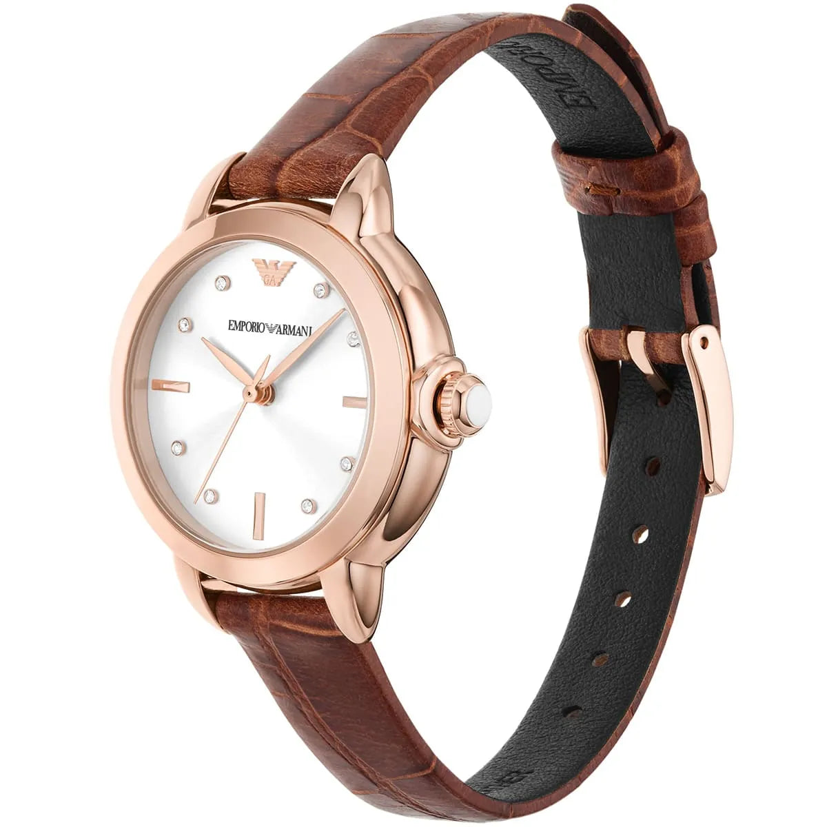 Side angle view of Emporio Armani Mia AR11525 watch showing brown leather strap