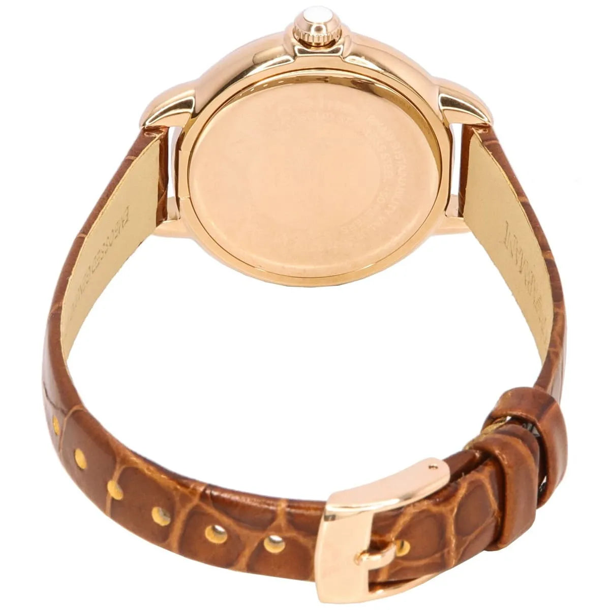 Emporio Armani Mia AR11525 caseback detail with rose gold and brown leather strap
