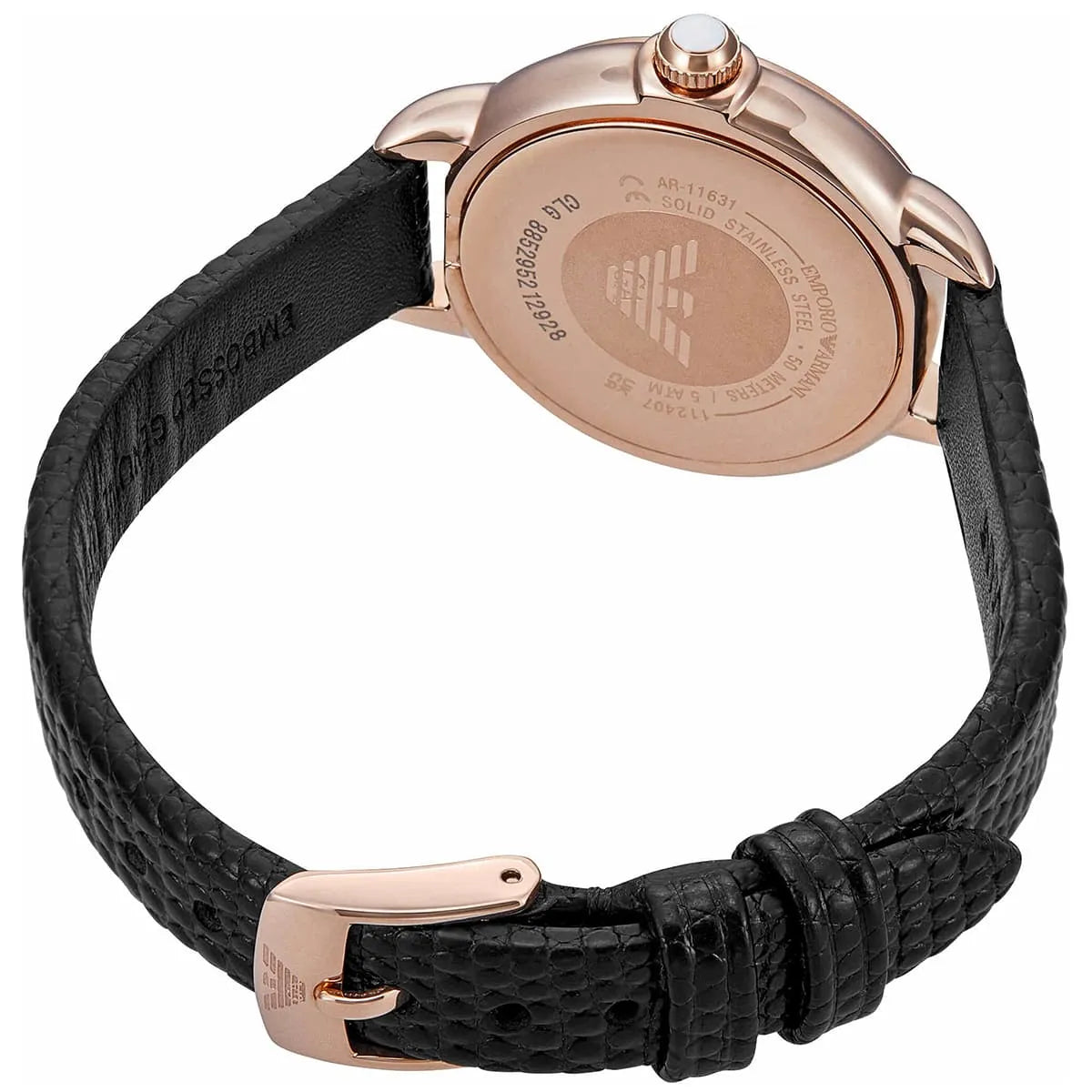 Caseback of Emporio Armani Mia AR11631 rose gold watch showing engraved eagle logo