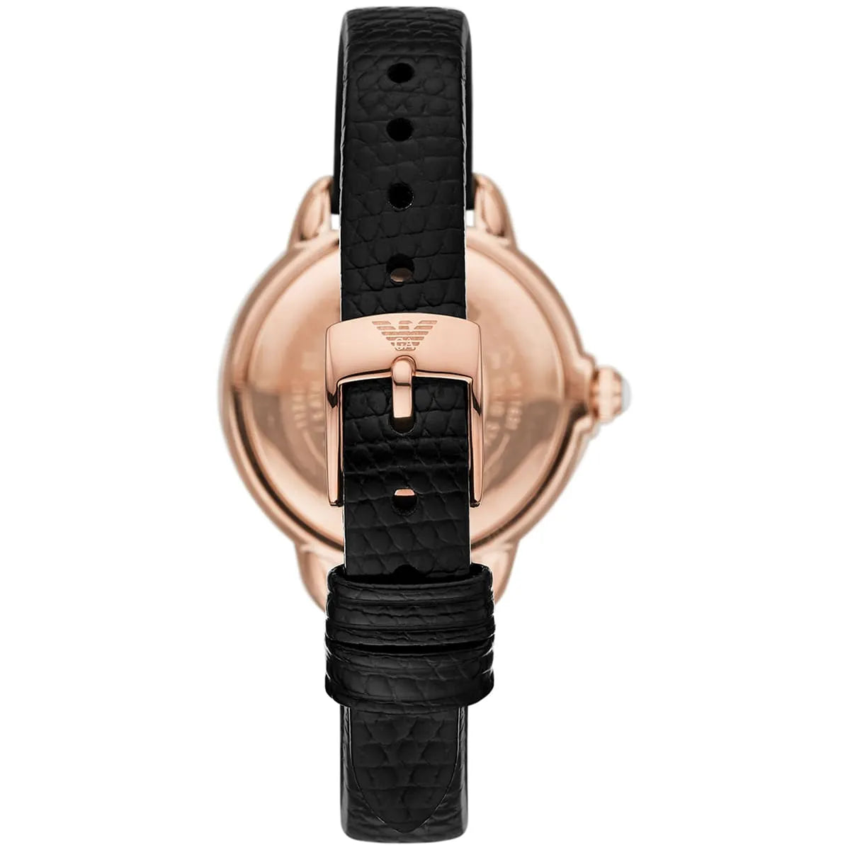 Side profile of Emporio Armani Mia AR11631 rose gold case with crown and black leather strap