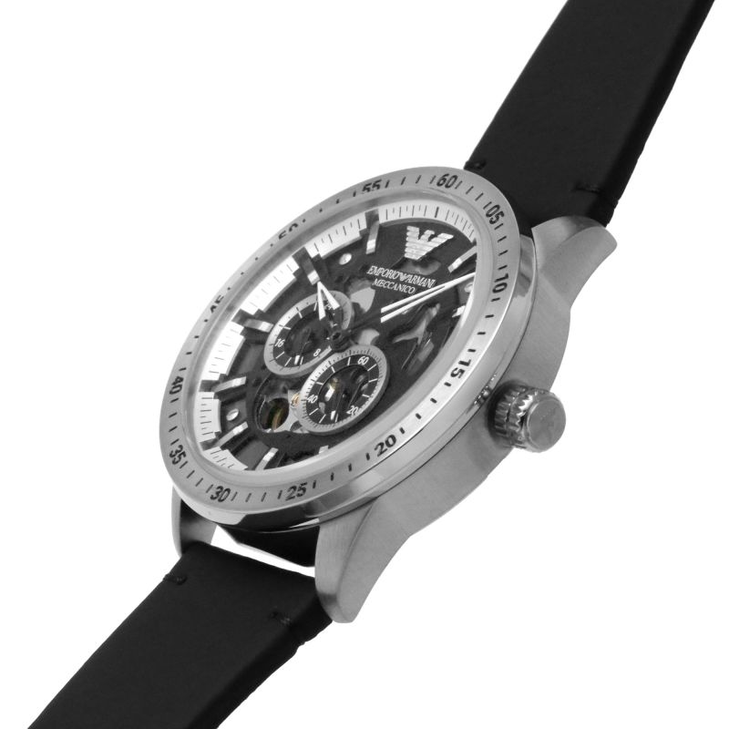 Emporio Armani Renato automatic watch worn on wrist with black leather strap