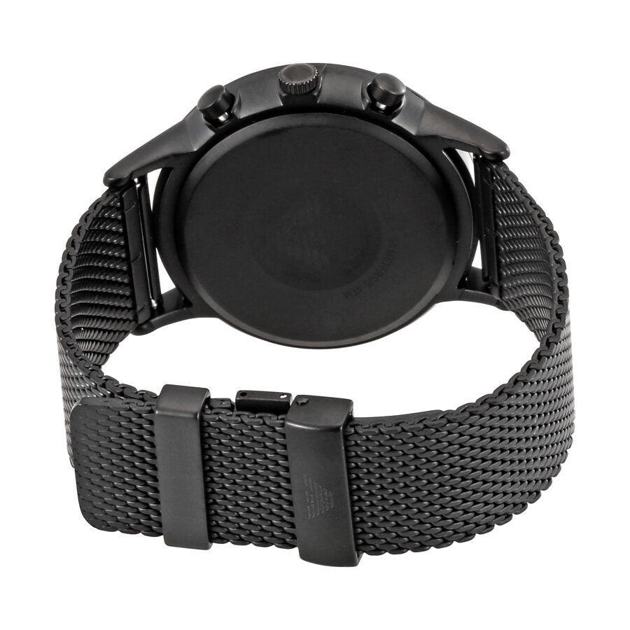Emporio Armani Renato watch caseback view showing black mesh bracelet and clasp