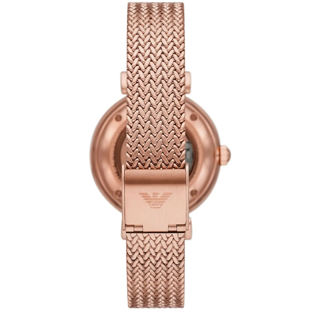 Rose gold caseback showing open movement and mesh strap attachment