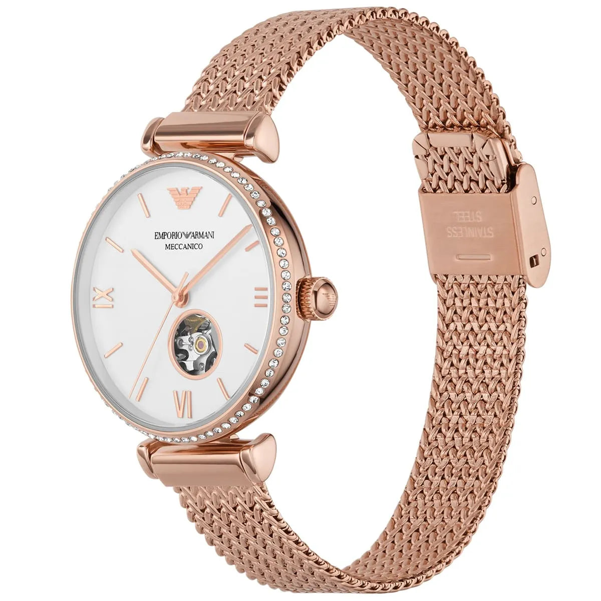 Rose gold ladies watch on wrist displaying white dial and crystal bezel