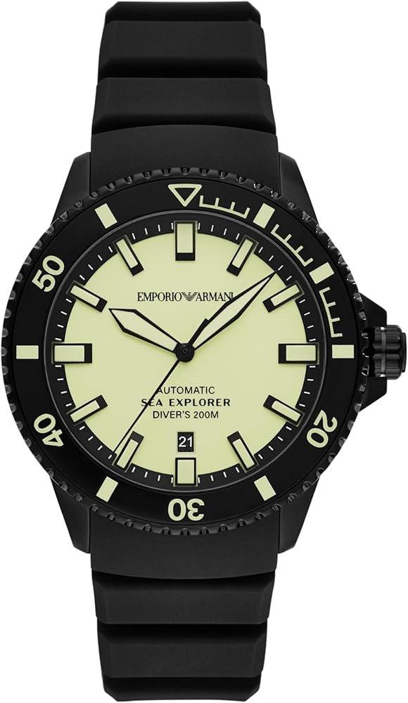 Emporio Armani Sea Explorer automatic watch with cream dial, black bezel, and black silicone strap
