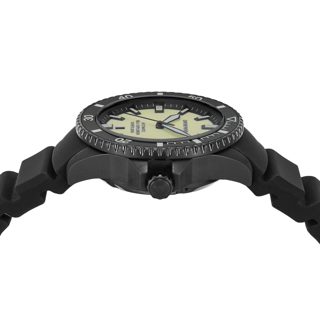 Emporio Armani Sea Explorer automatic watch worn on wrist with black silicone strap