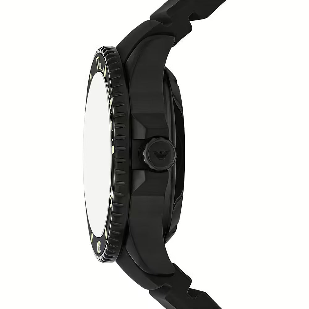 Side profile view of Emporio Armani Sea Explorer watch case and black silicone strap