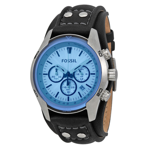 Fossil Blue Glass Chronograph Black Leather Strap Men's Watch #CH2564 - Watches of Australia