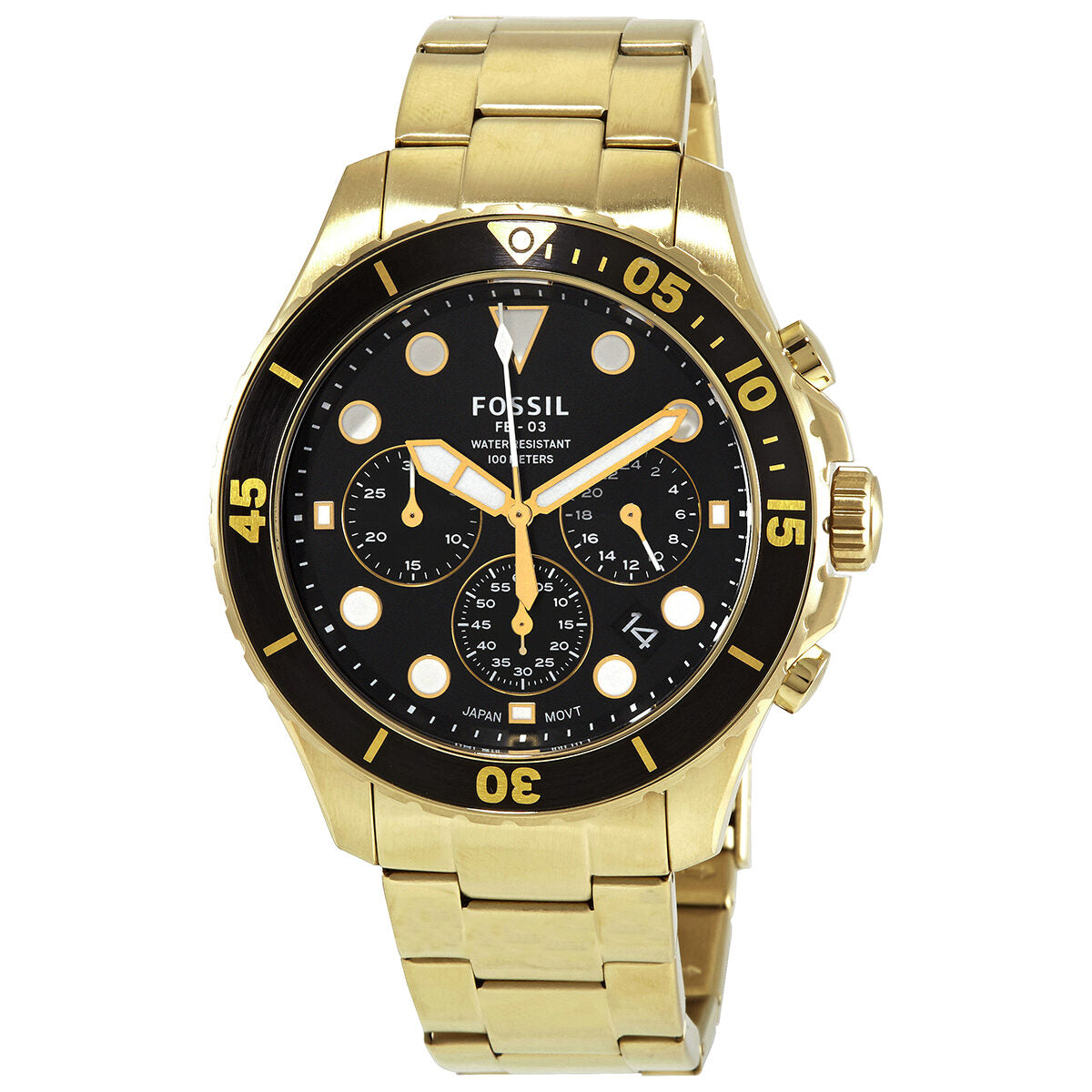 Fossil FB-03 chronograph watch with black dial, gold-tone case, and three subdials