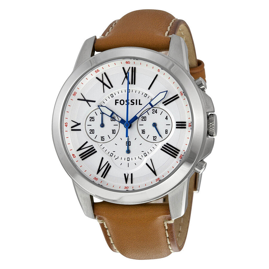 Fossil Grant chronograph watch with white dial, Roman numerals, and tan leather strap