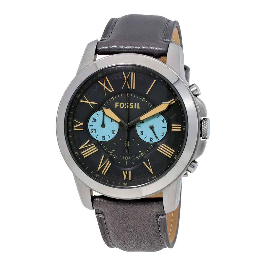 Fossil Grant gunmetal chronograph watch with blue subdials and Roman numerals