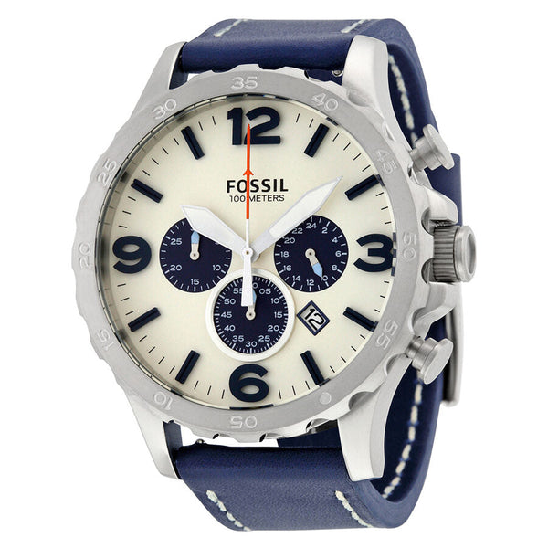 Fossil Nate Chronograph Beige Dial Navy Blue Leather Men's Watch JR1480 - Watches of Australia