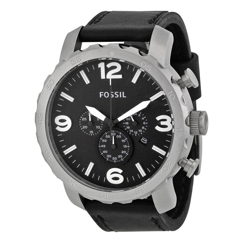 Fossil Nate Chronograph Black Dial Black Leather Men's Watch JR1436 - Watches of Australia