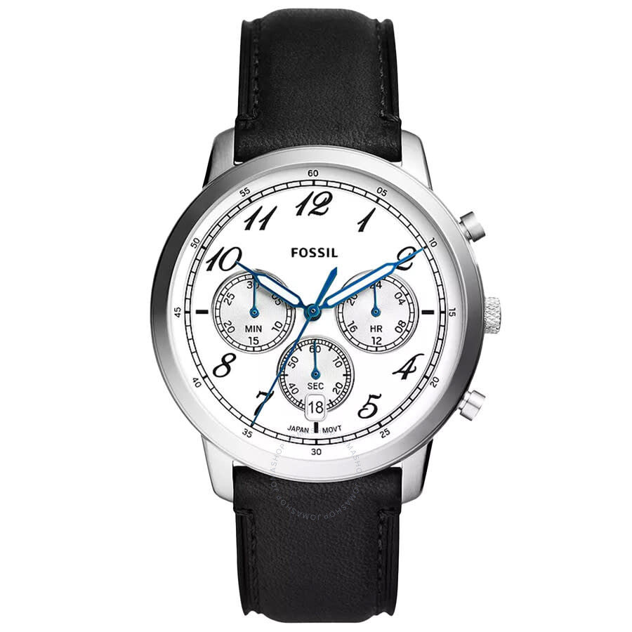Fossil Neutra FS6023 men's watch with white chronograph dial and black leather strap