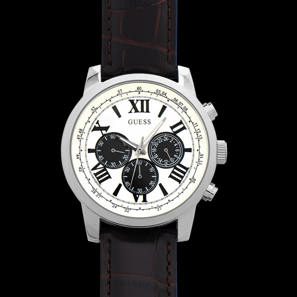 Guess Men’s White Dial Leather Band Watch W0380G1 - Watch