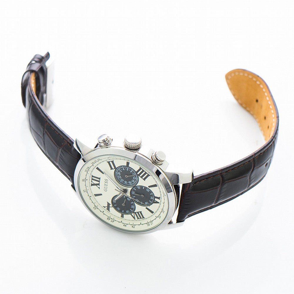 Guess Men’s White Dial Leather Band Watch W0380G1 - Watch