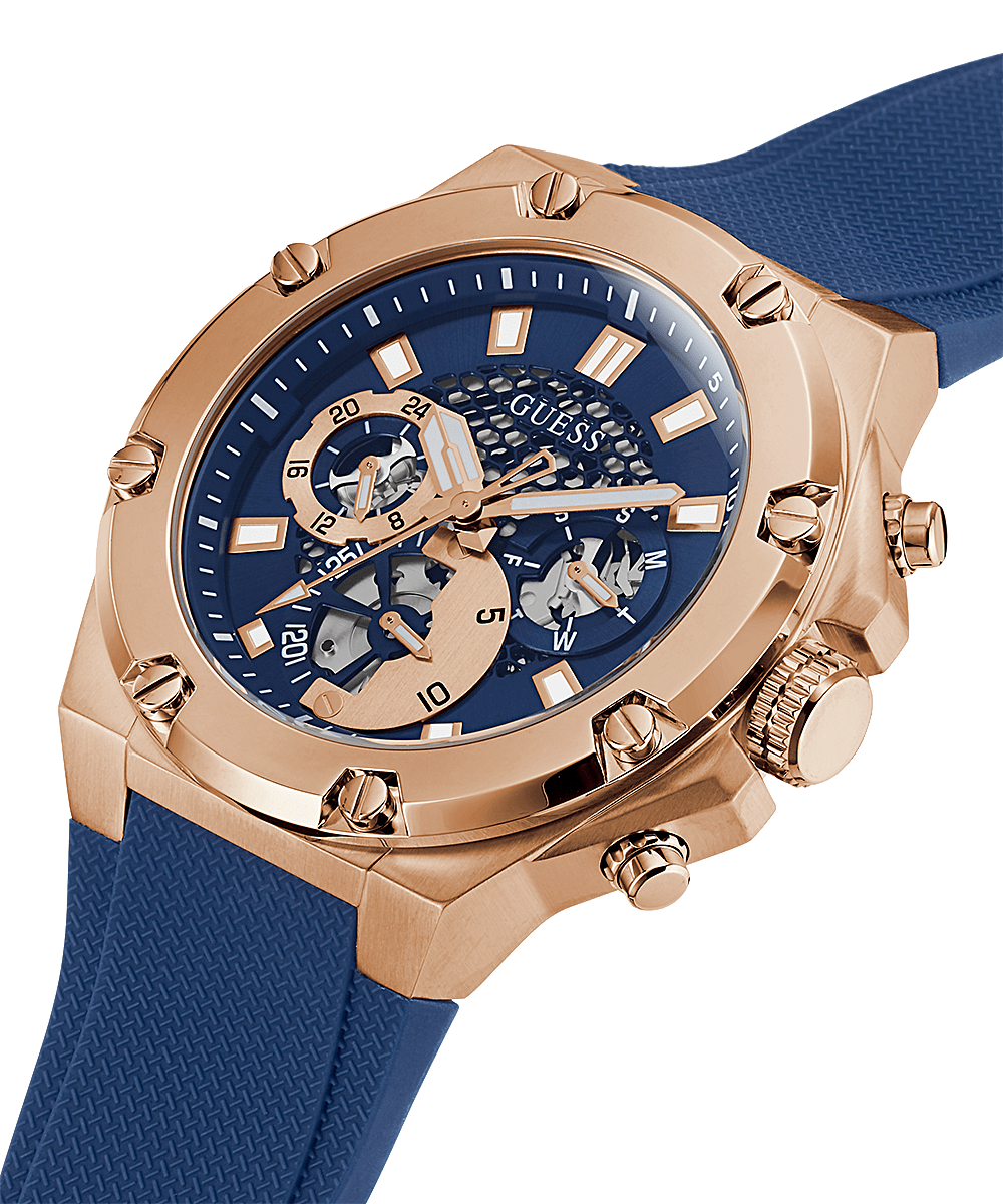 Guess Rose Gold Tone Case Blue Silicone Men’s Watch GW0334G3 - Watch