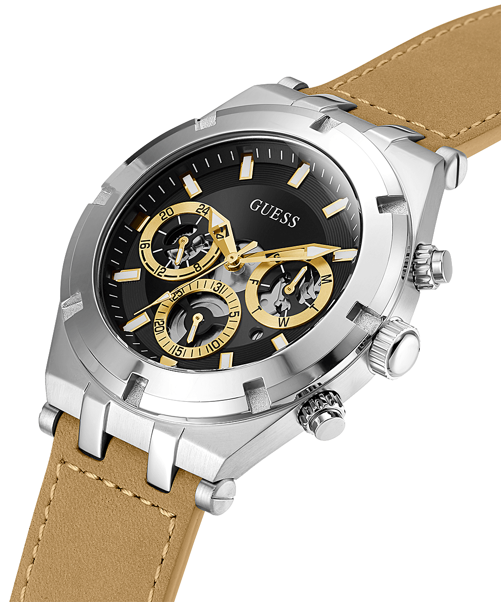 Guess Silver Tone Case Beige Leather Strap Men’s Watch GW0262G1 - Watch