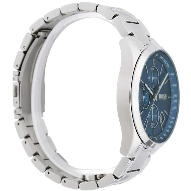 Side view of Hugo Boss chronograph watch showing stainless steel bracelet band profile