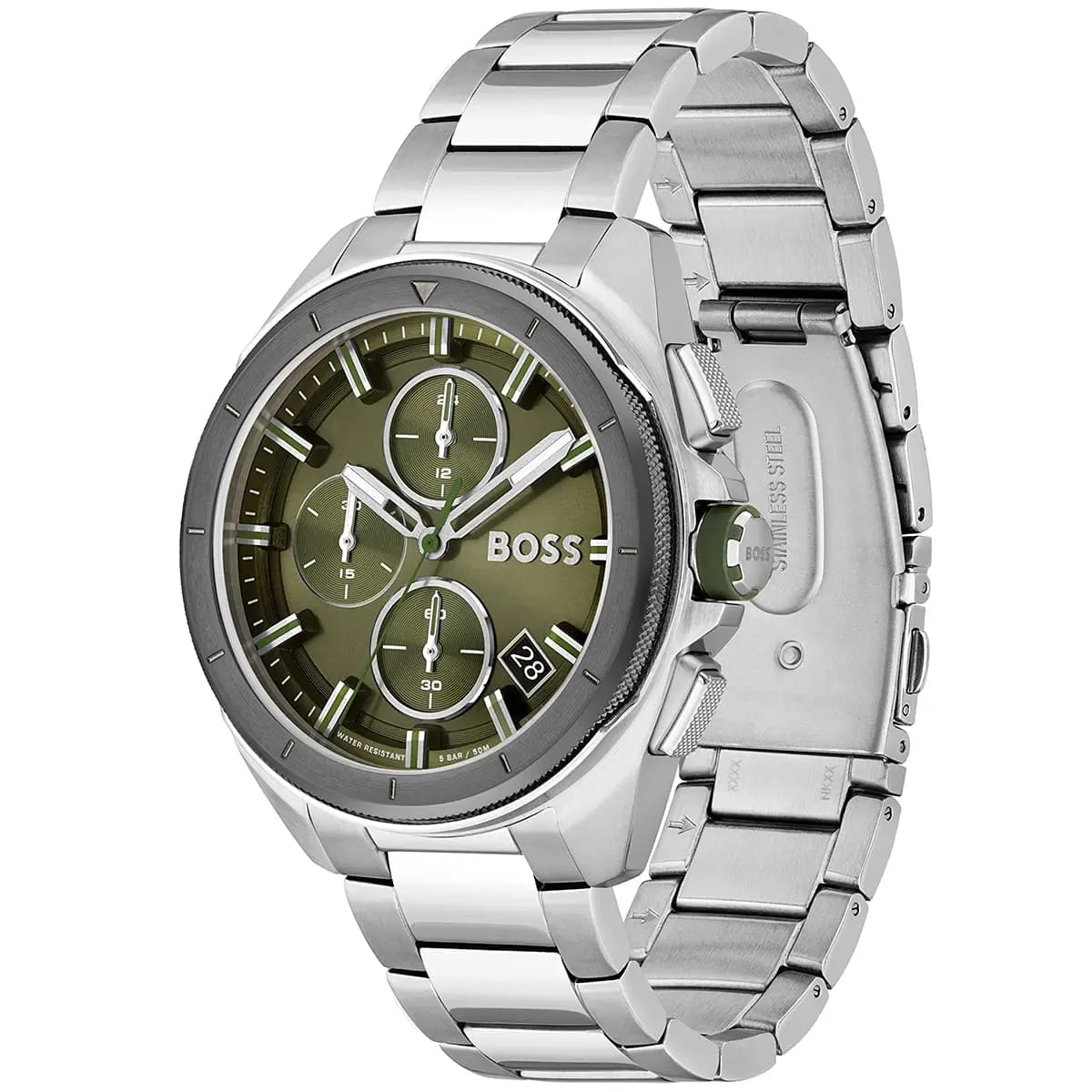 Hugo Boss chronograph watch angle view showing green dial and metal band