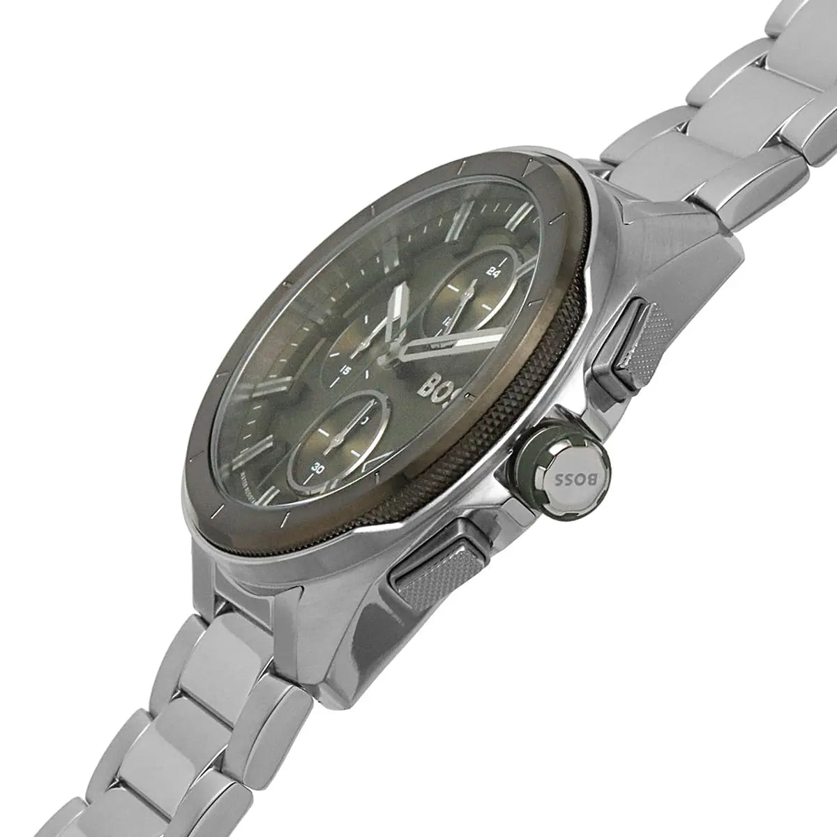 Hugo Boss chronograph watch side view displaying dial detail and push buttons