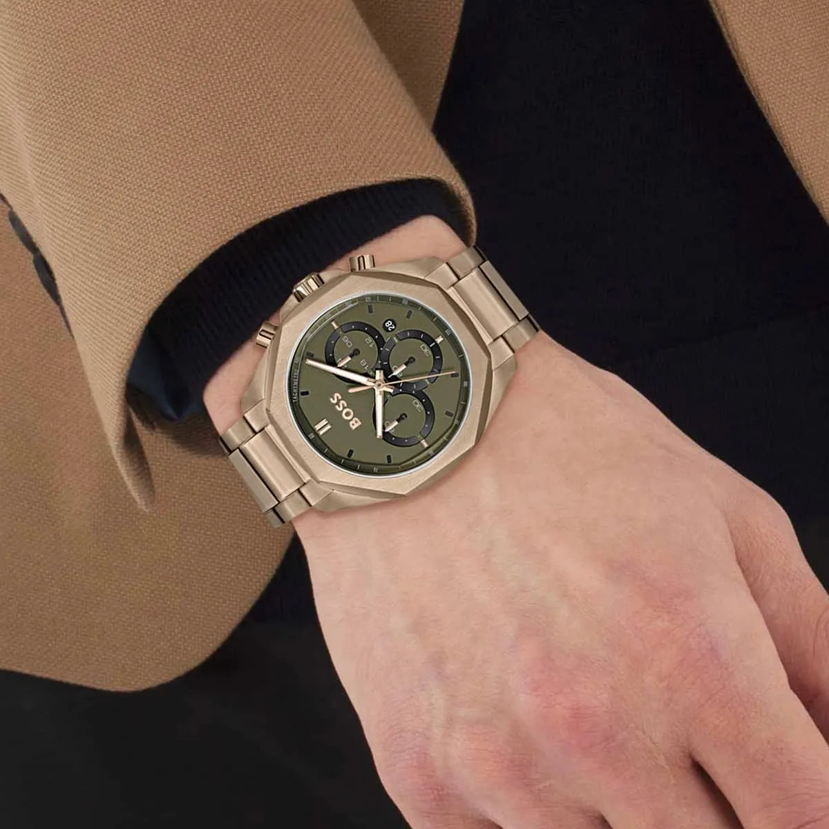 Hugo Boss Classic Chronograph Olive Green Dial Beige Gold Steel Strap Watch For Men - 1514019 1514019 - Image 4