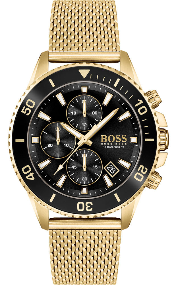 Hugo Boss Admiral gold chronograph watch with black dial, gold mesh strap, and dual subdials
