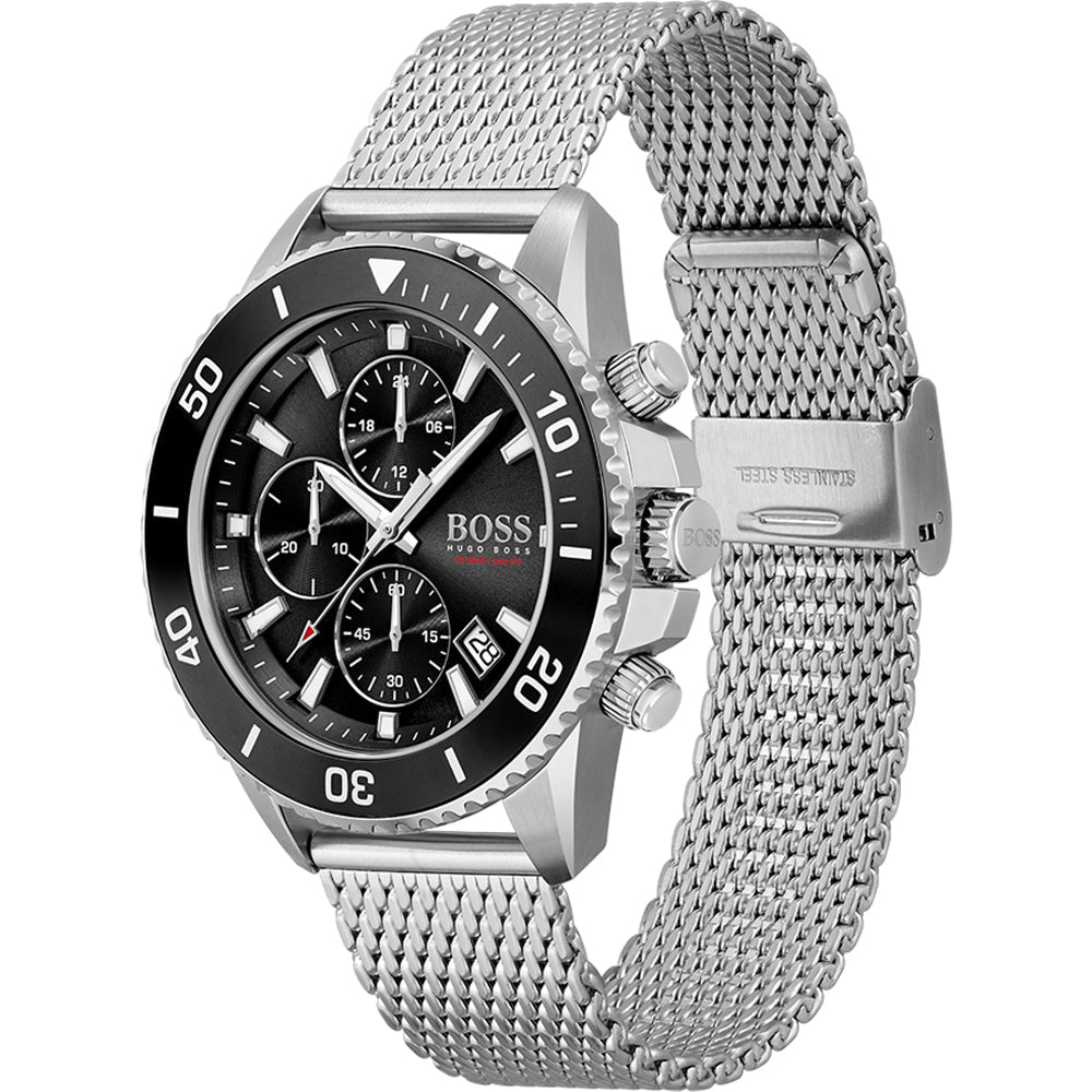 Hugo Boss Admiral chronograph side view with mesh strap and black bezel