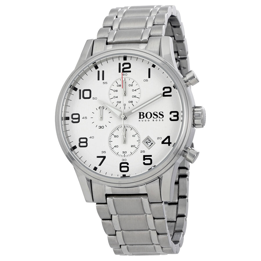 Hugo Boss Aeroliner chronograph watch with white dial and stainless steel bracelet