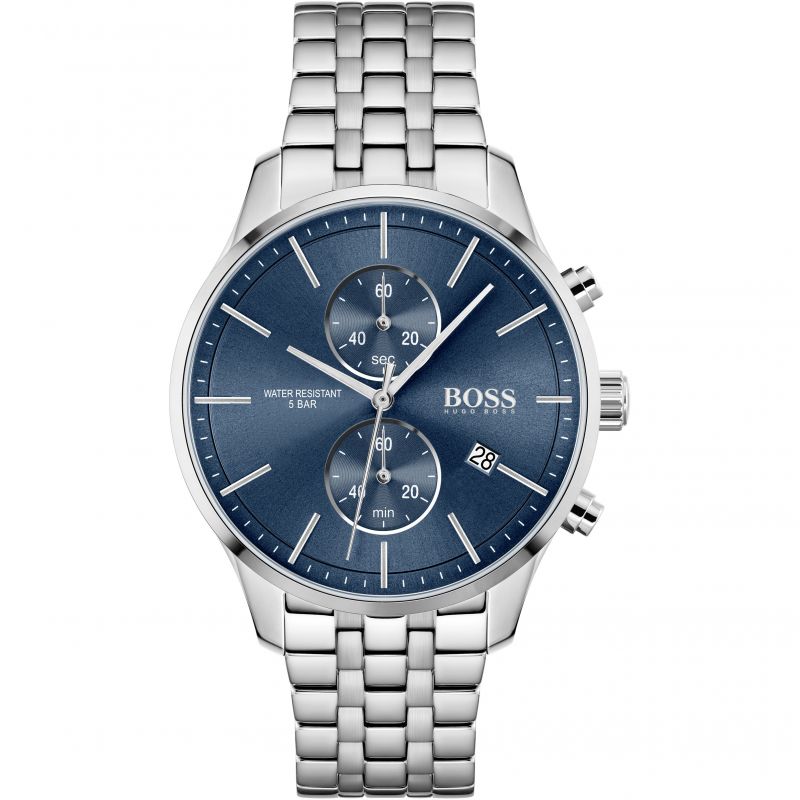 Hugo Boss Associate silver chronograph watch with blue dial and stainless steel bracelet