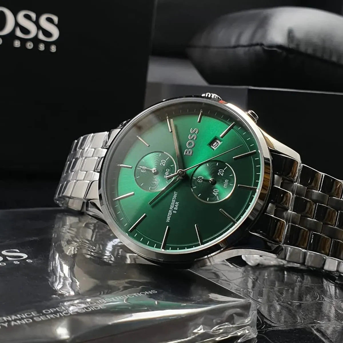 Hugo Boss Associate Chronograph Green Dial Silver Steel Strap Watch for Men - 1513975