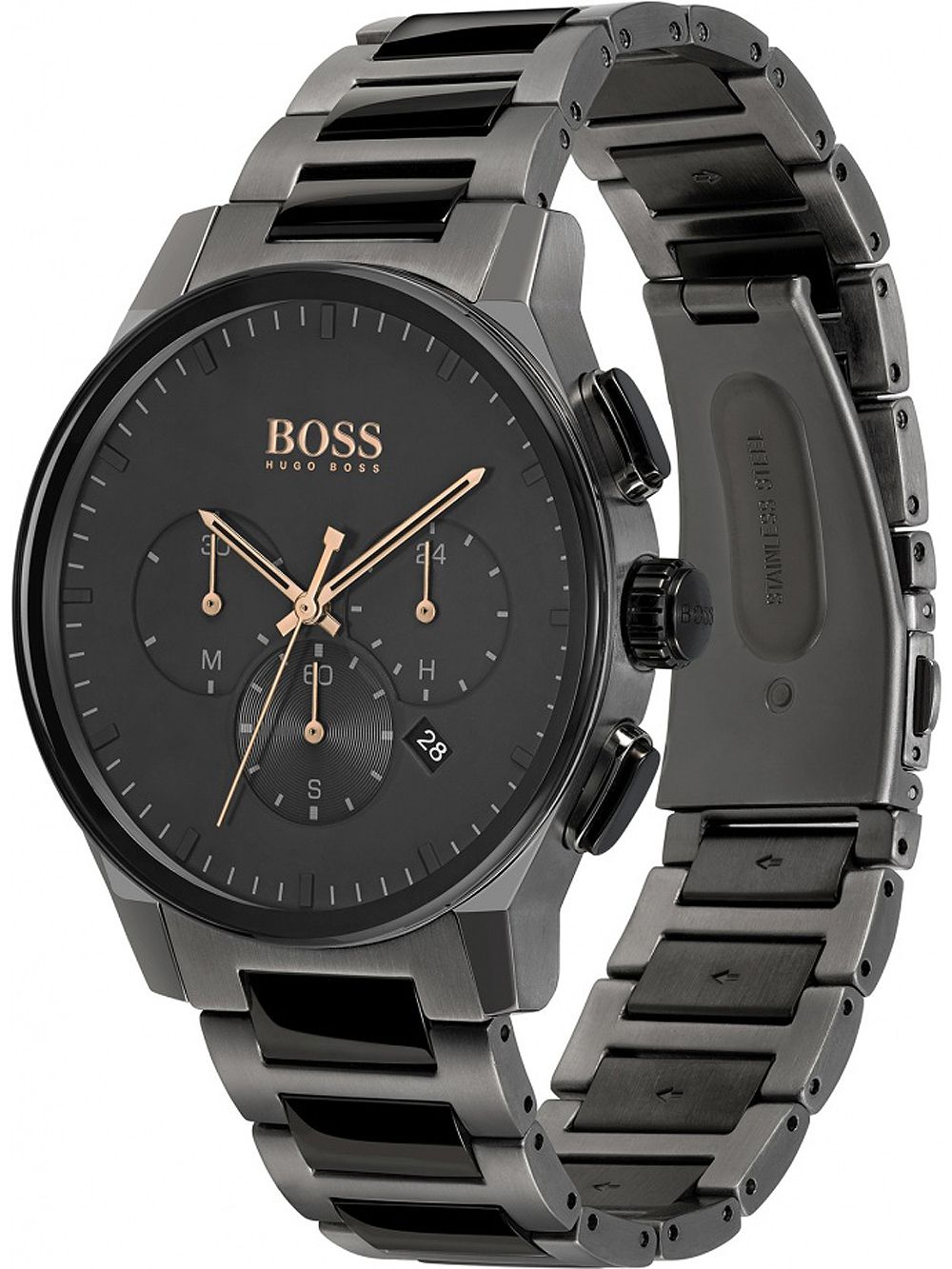 Hugo Boss chronograph watch on three-link stainless steel bracelet, side profile