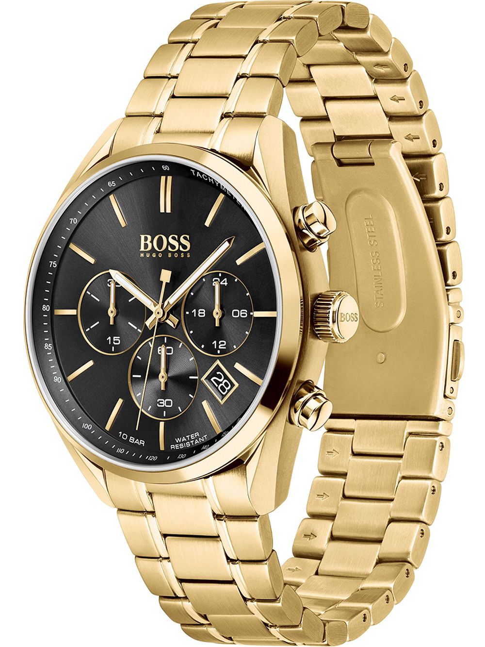 Hugo Boss Champion gold chronograph watch shown at angle with gold bracelet visible