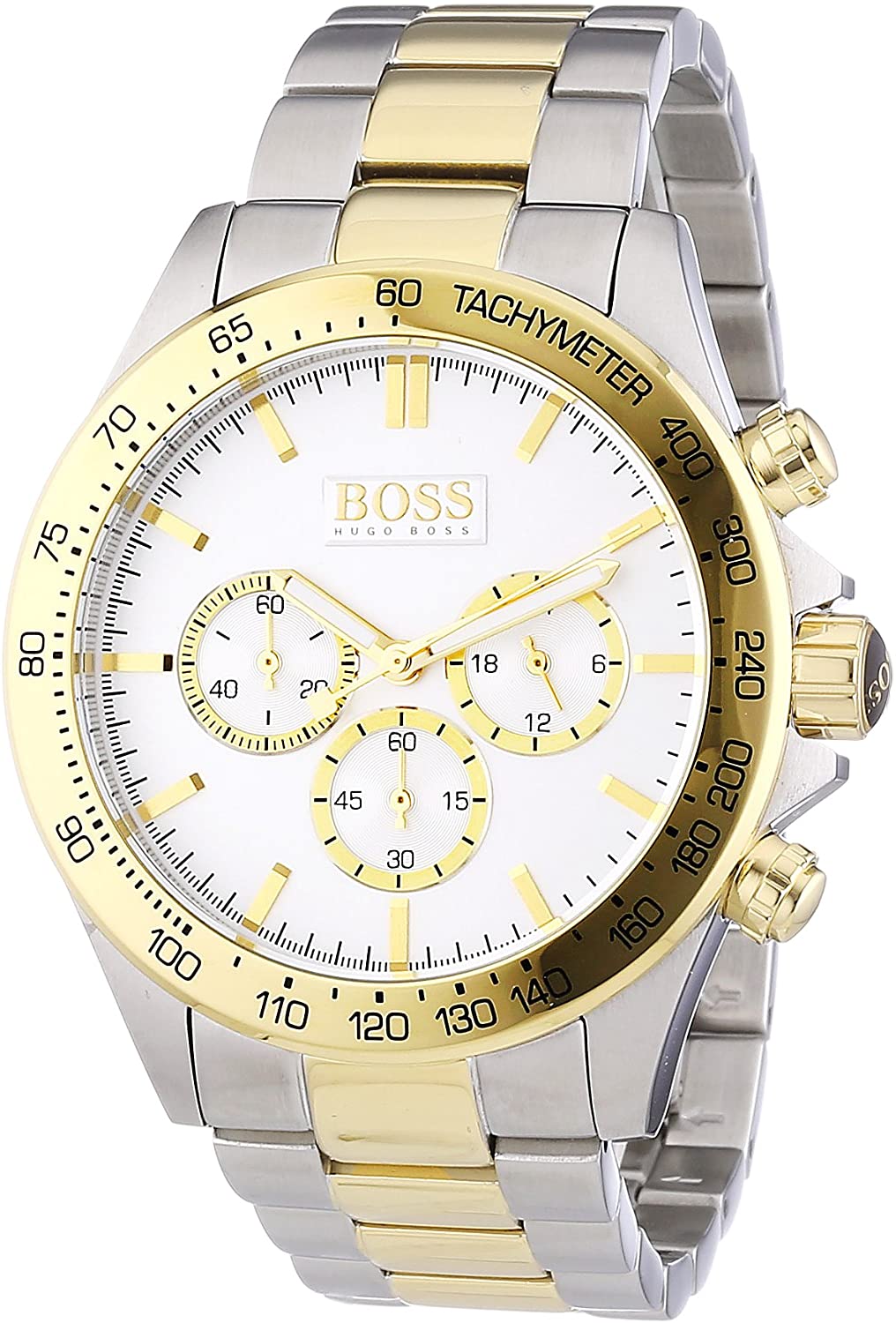 Close-up of Hugo Boss chronograph dial with gold accents and subdials