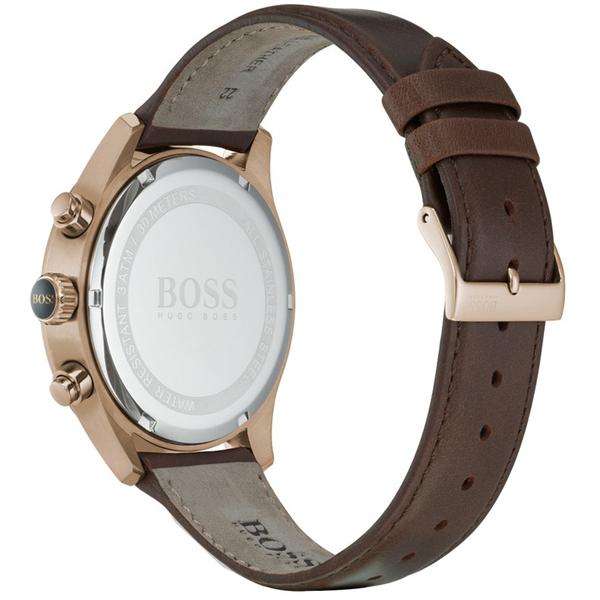 Hugo Boss Grand Prix watch caseback showing engraved BOSS logo and leather strap
