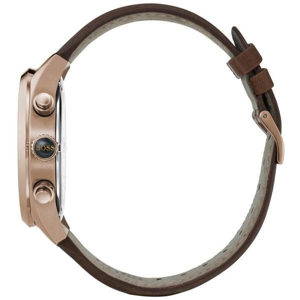 Side profile of Hugo Boss Grand Prix watch with beige case and brown leather strap