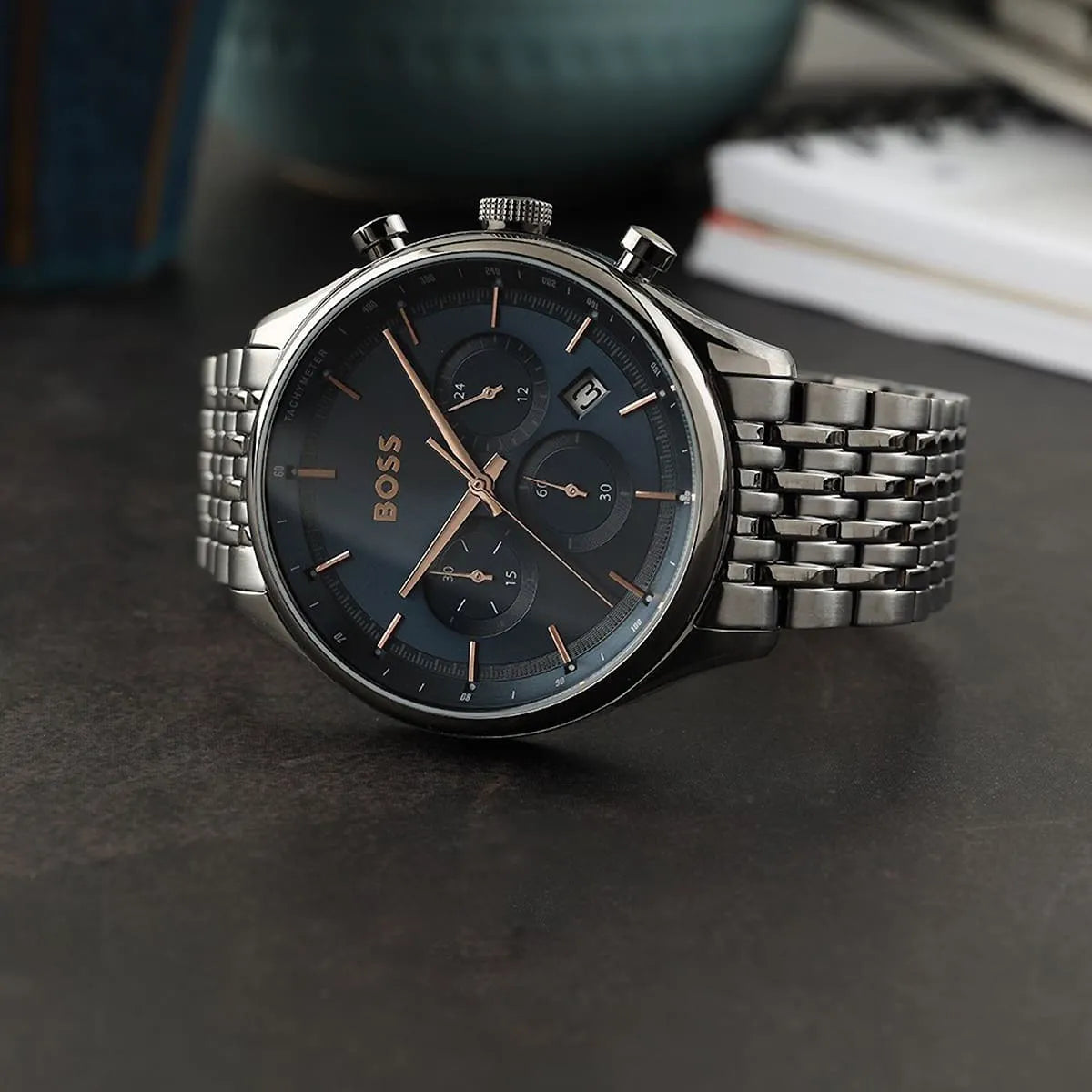Hugo Boss Gregor Chronograph Blue Dial Grey Steel Strap Watch For Men - 1514083 1514083 - Image 4
