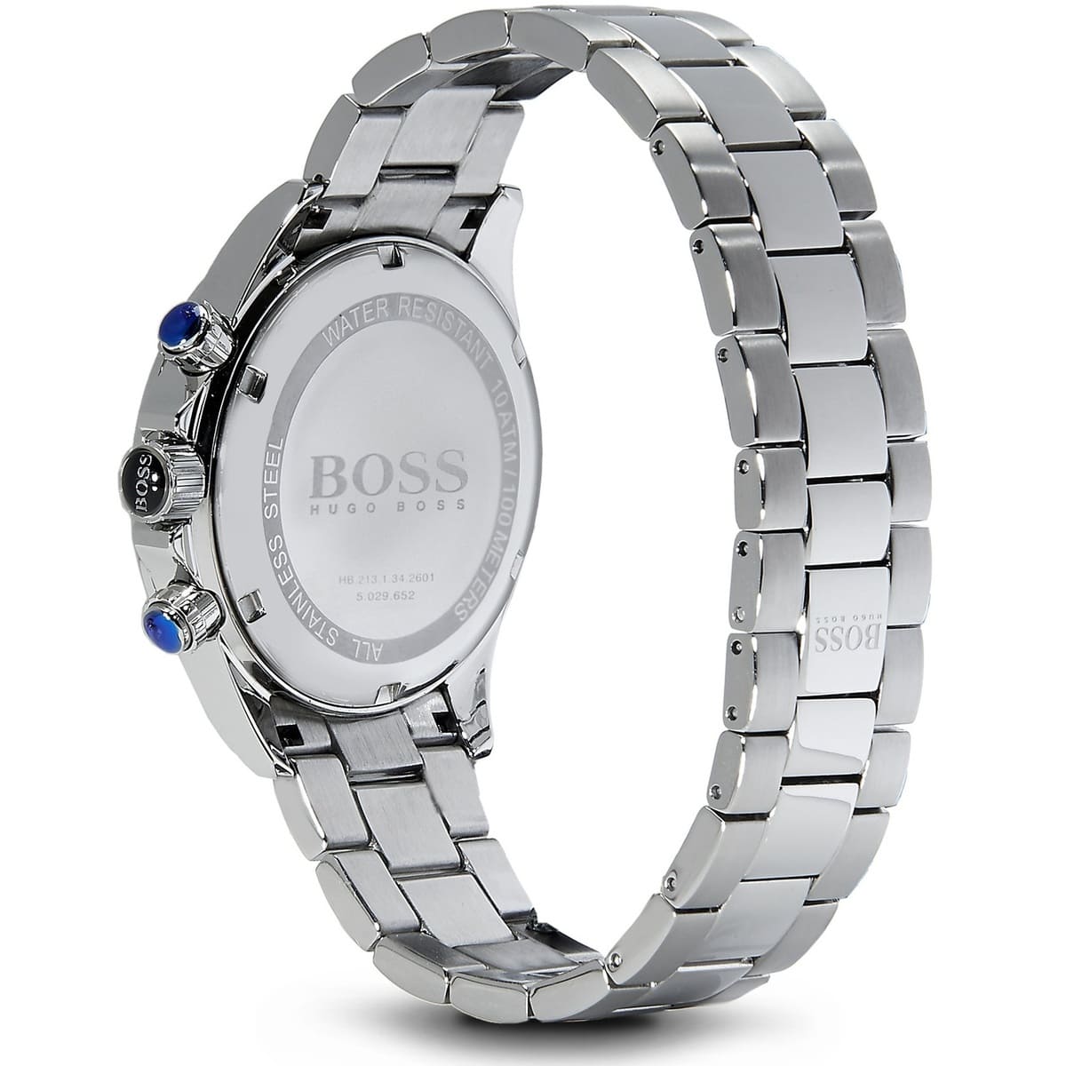 Hugo Boss Ikon caseback showing silver steel bracelet and engraved case