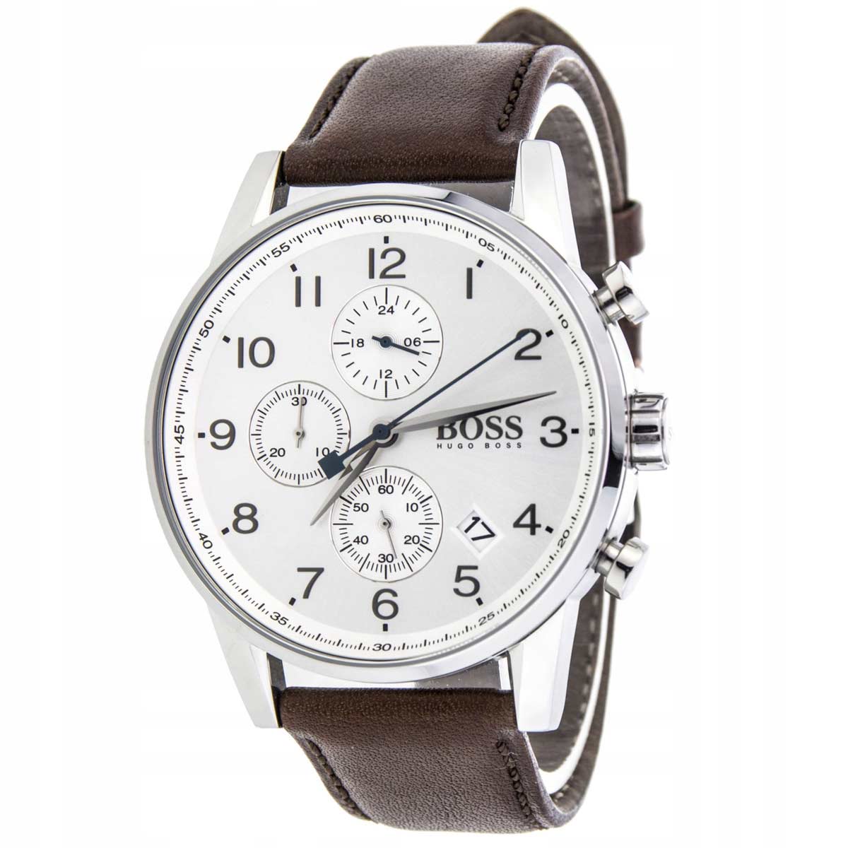 Hugo Boss Navigator Chronograph White Dial Brown Leather Strap Watch for Men - 1513495