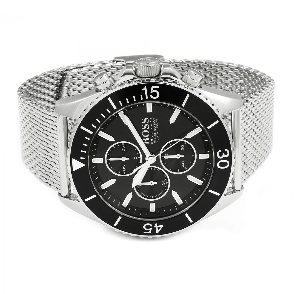 Hugo Boss Ocean Edition chronograph angled view with rotating bezel detail