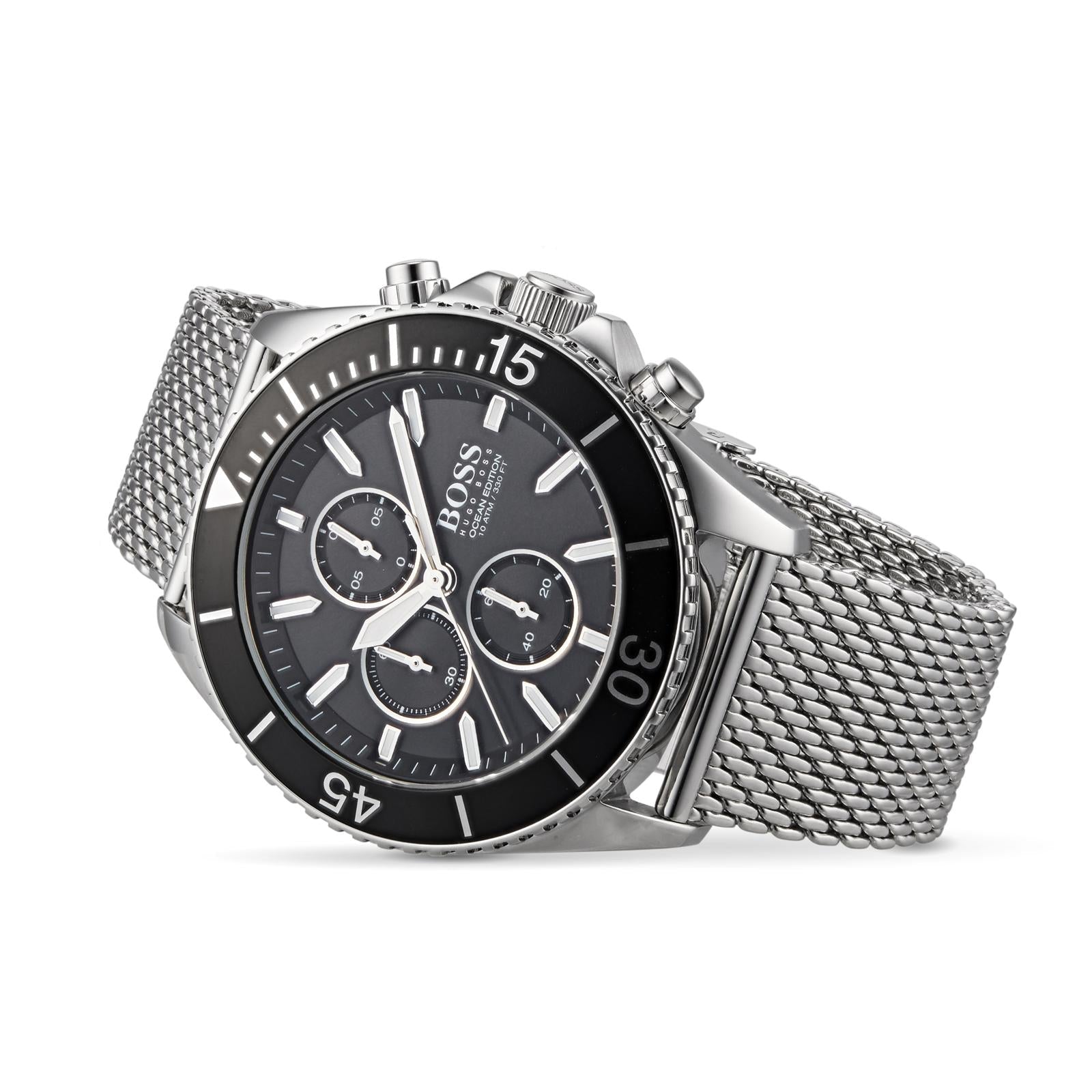 Hugo Boss Ocean Edition chronograph three-quarter view showing black dial and mesh strap