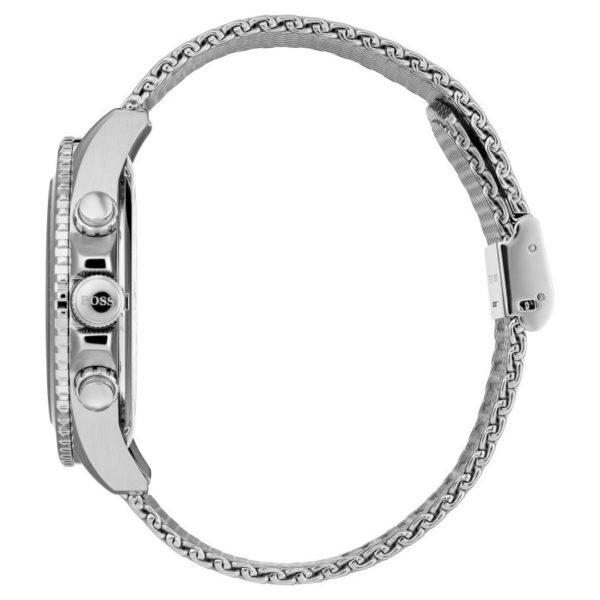 Hugo Boss Ocean Edition chronograph watch side profile showing pushers and mesh strap