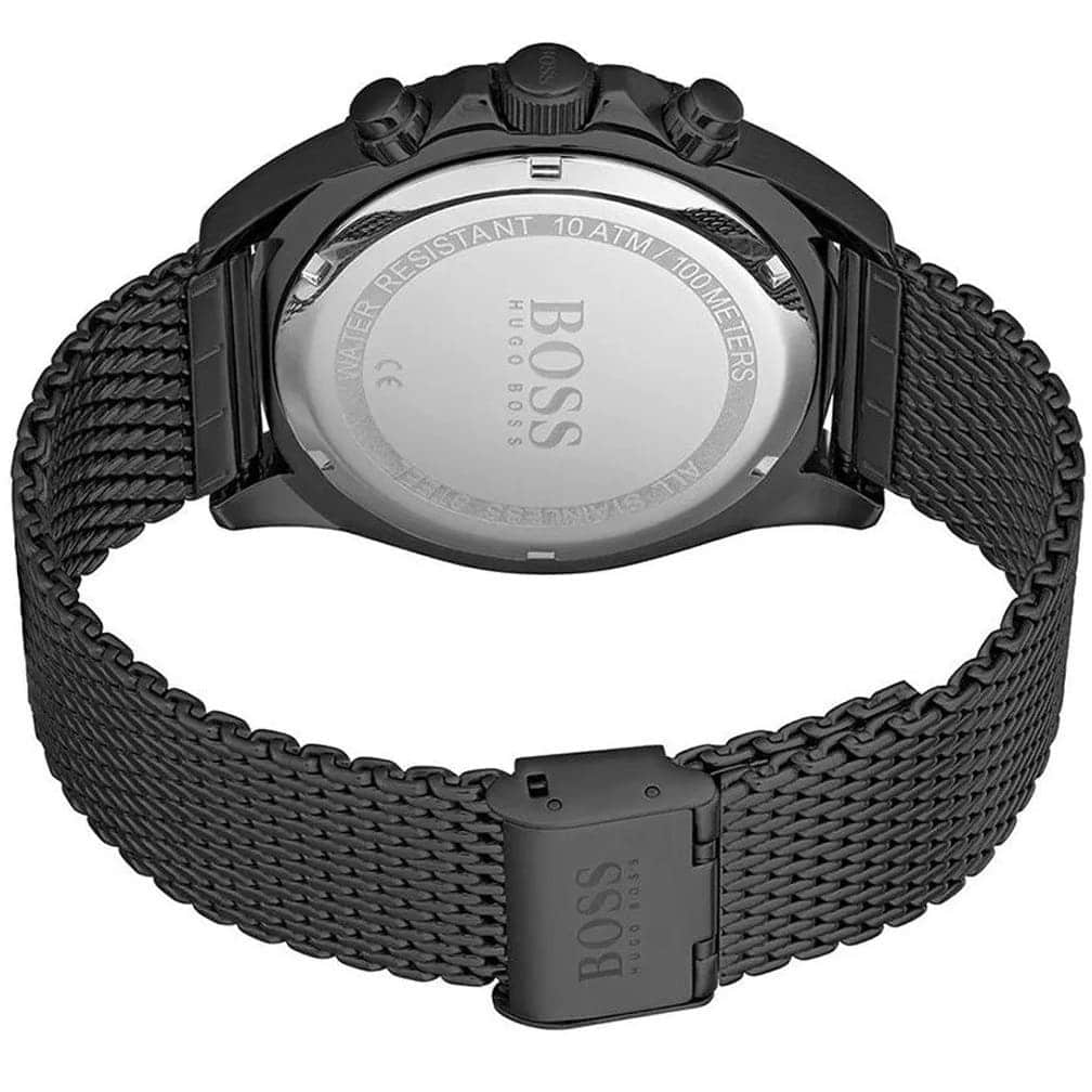 Hugo Boss Ocean Edition watch rear view with caseback and full mesh bracelet visible