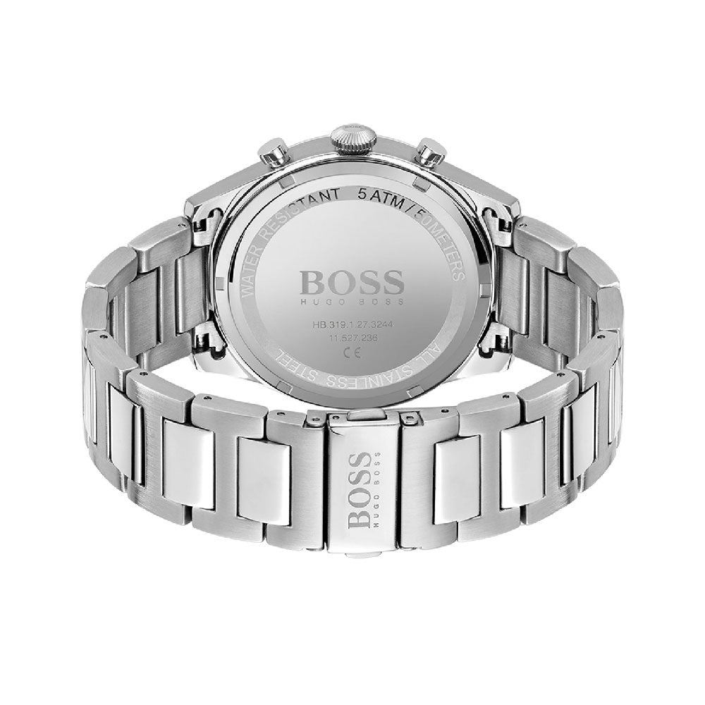 Hugo Boss Pioneer watch caseback showing stainless steel case and engraved details